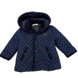 Patachou Quilted Hooded Navy Blue Coat 2Y Polyester/Cotton Blend With Snap Butto
